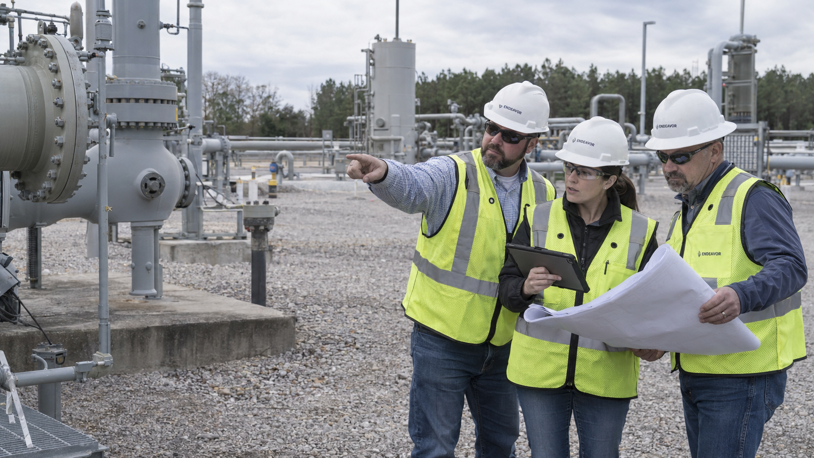 Endeavor consultants reviewing facility drawings during a field walkdown